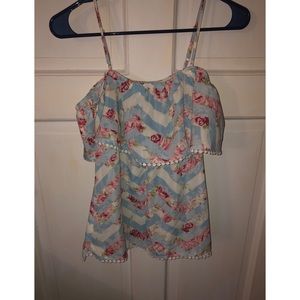 Off the shoulder, spaghetti strapped floral blouse